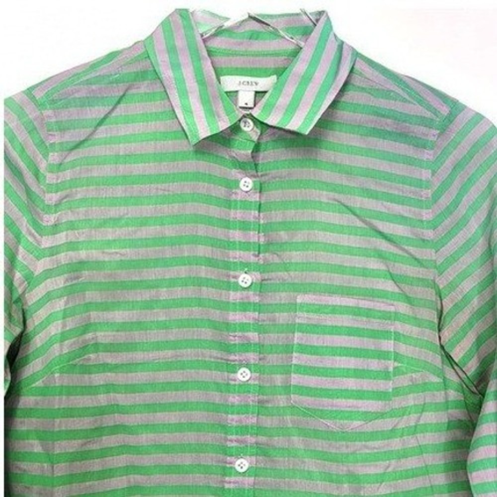 J.Crew Silk Blend Popover Shirt Size 4 Green Gray Striped Long Sleeve‎ Collared